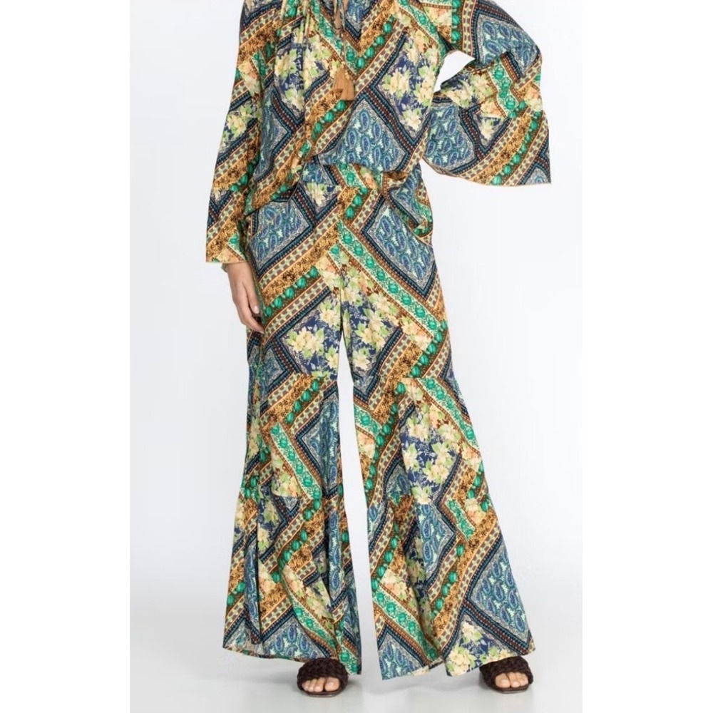 Johnny Was Rivera Tiered Pants XS Blue Green Floral Paisley Wide Leg